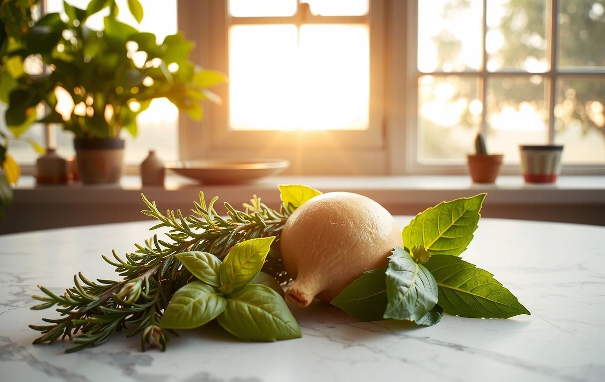 Composizione di erbe mediterranee su marmo